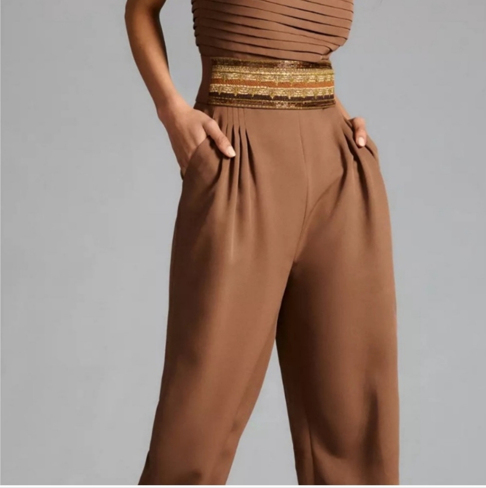Nikita Mhaisalkar brown jumpsuit with beaded belt anthropologie